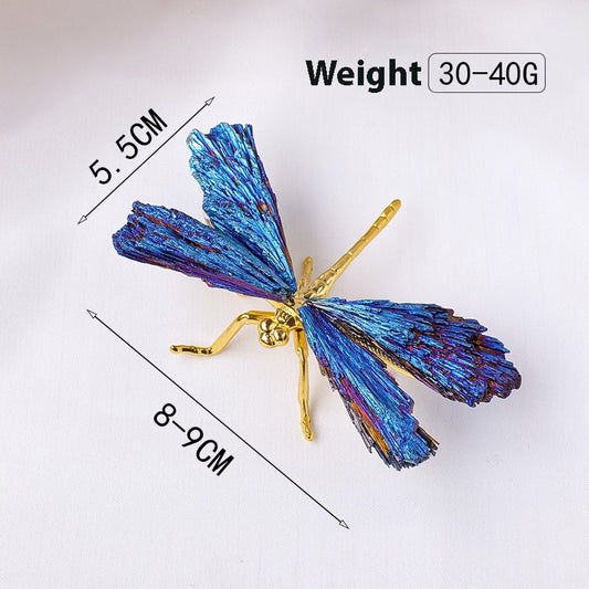 A close-up shot showcases the geometric texture of the black tourmaline wings and the delicate feel of the blue feathers