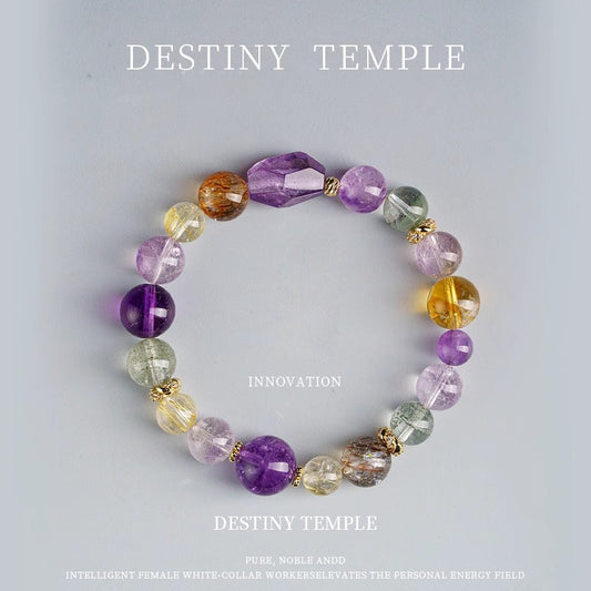 A panoramic display of the three-color energy bracelet featuring black gold Super Seven, amethyst and golden hair crystal showcases a powerful energy matrix