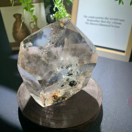 Natural green phantom quartz geometric sculpture for wealth