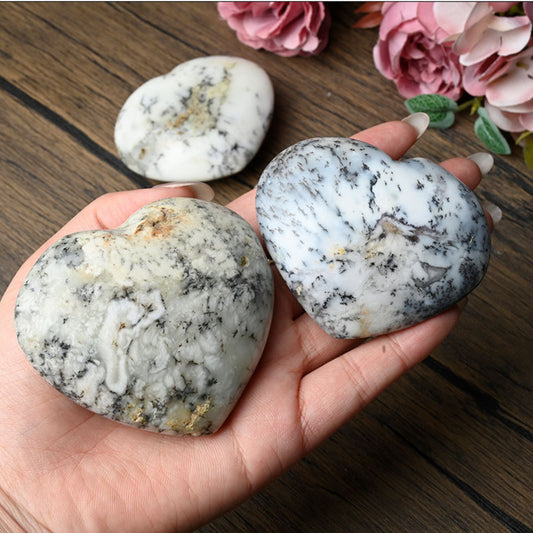 Main product shot of natural moss opal heart showing dendritic patterns and heart shape