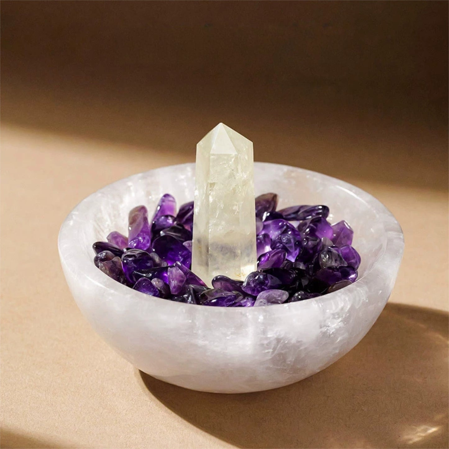 The Moroccan Selenite bowl placed on a windowsill under the full moon, harnessing lunar energy to deeply charge and amplify the crystals within.