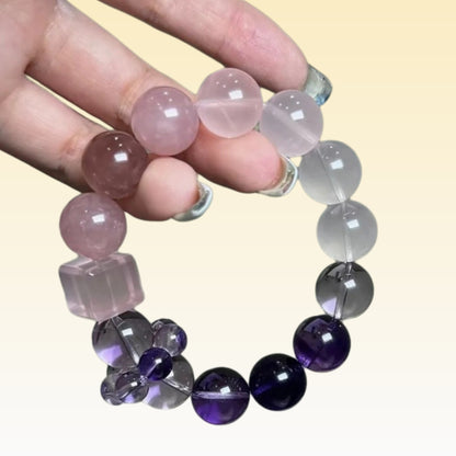 A close-up of the bracelet worn on the wrist, with a meditation space as the background, highlighting its emotional balance and spiritual healing effects