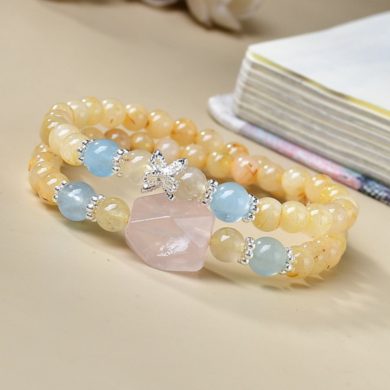 Close-up of the three-color crystal, highlighting its all-round effects of attracting wealth, romance and enhancing communication