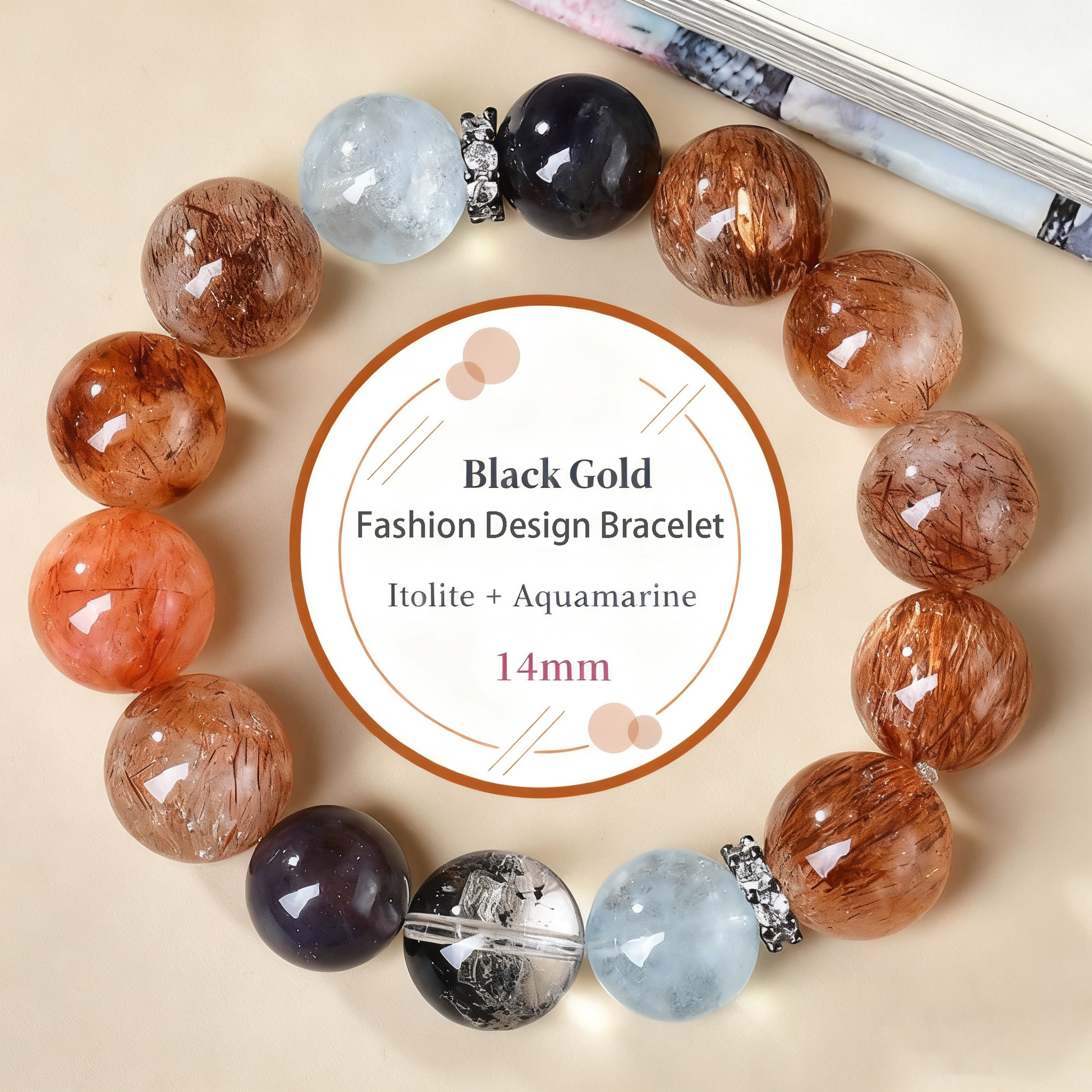 A close-up of the natural black gold Super Seven crystal bracelet, featuring golden, red and black inclusions, symbolizing all-round energy and powerful protection.