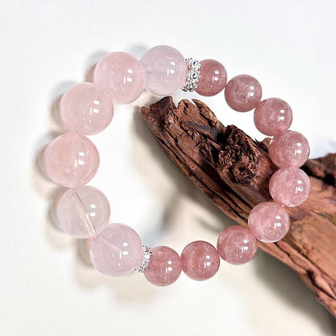 Close-up of the details of strawberry crystal, emphasizing its power to enhance personal aura, boost confidence and public charm.