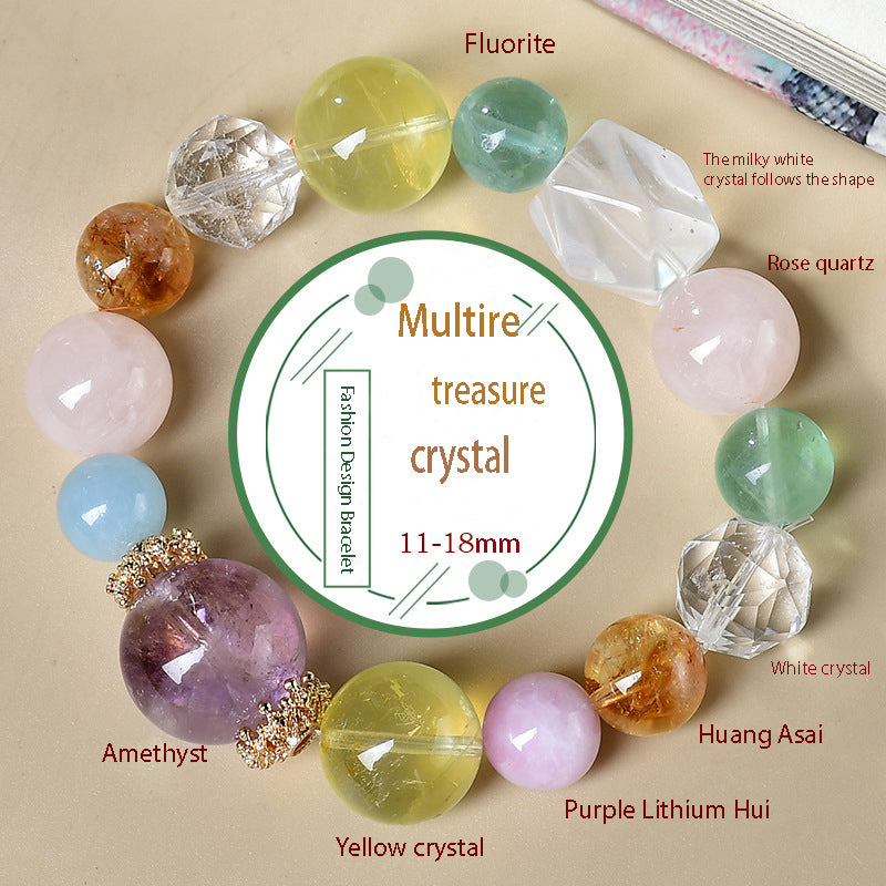 A panoramic view of the multi-colored crystal bracelet mainly featuring golden Asai stone and citrine, showcasing the vibrant candy color scheme and energy combination