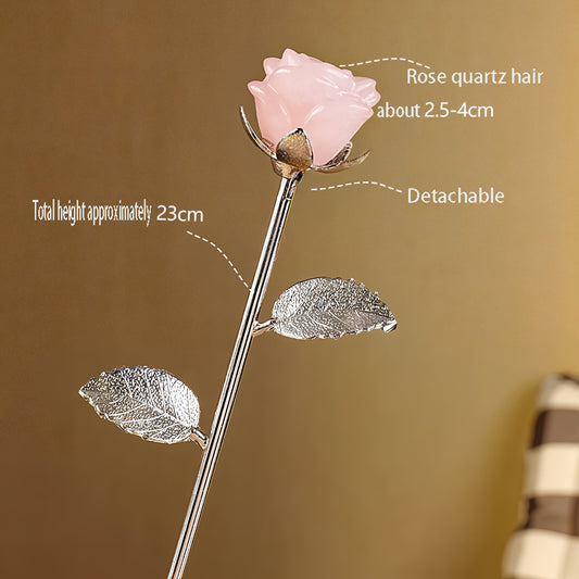 Crystal roses are placed on the bookshelf in the study, with philosophy or literary books beside them, symbolizing wisdom and growth.