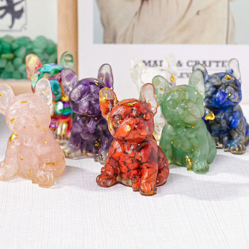 Close-up of the crystal-clear texture of the crystal crushed stones in the epoxy resin and the shape of a bulldog