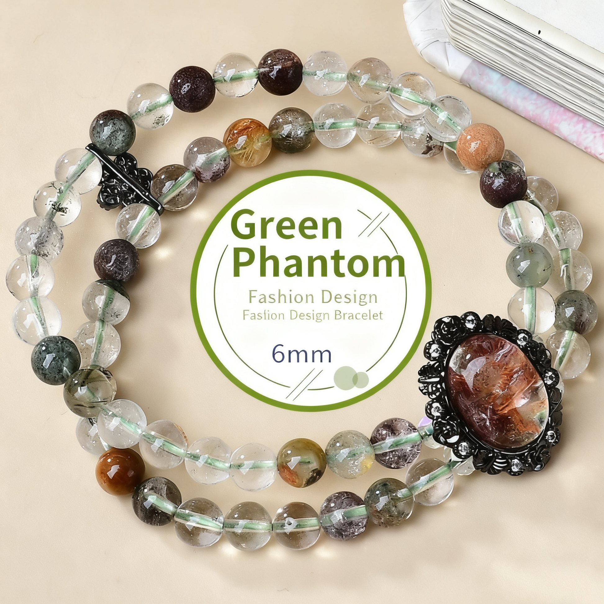 A close-up of the Green Ghost crystal shows the internal pyramid illusion. The double-circle design highlights the sense of layering and energy circulation. 