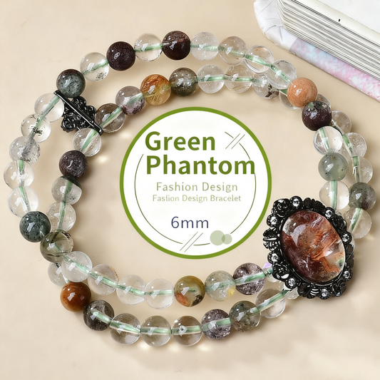 A close-up of the Green Ghost crystal shows the internal pyramid illusion. The double-circle design highlights the sense of layering and energy circulation. 