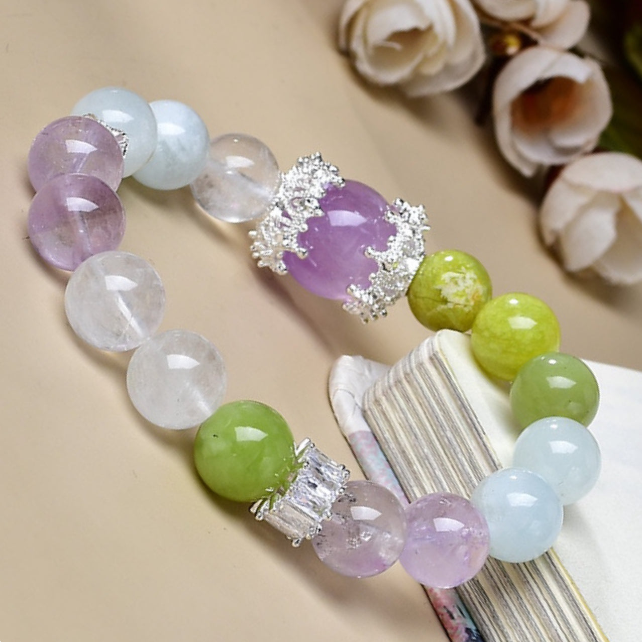 A close-up of the fresh color of the green grape milk cap crystal showcases its energy characteristics of healing the wounds of the soul and bringing new life