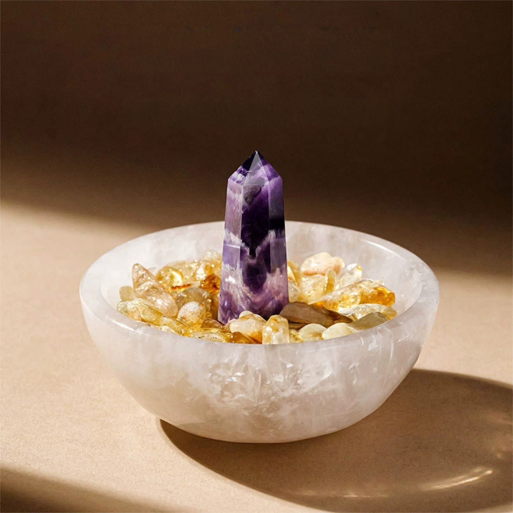 This Moroccan transparent gypsum bowl is your exclusive energy charging station, with built-in white crystals, providing a pure energy field for meditation and spiritual practice.