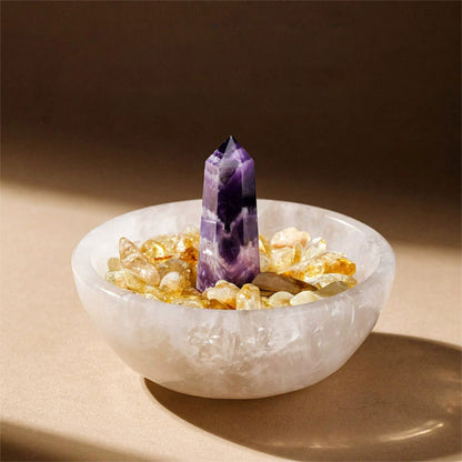 This Moroccan transparent gypsum bowl is your exclusive energy charging station, with built-in white crystals, providing a pure energy field for meditation and spiritual practice.