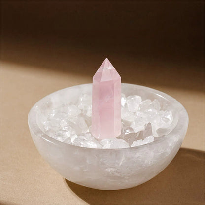 The elegant Moroccan Selenite bowl positioned on a console table in a home entryway, serving as the first line of energetic purification upon entering the space.