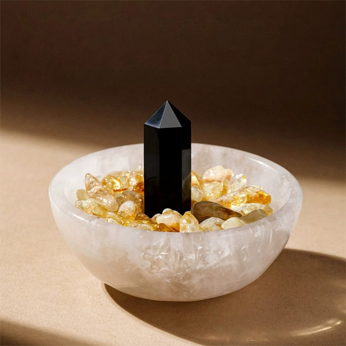  Woman meditating peacefully with the Aura Sanctuary bowl placed in front of her on a yoga mat.