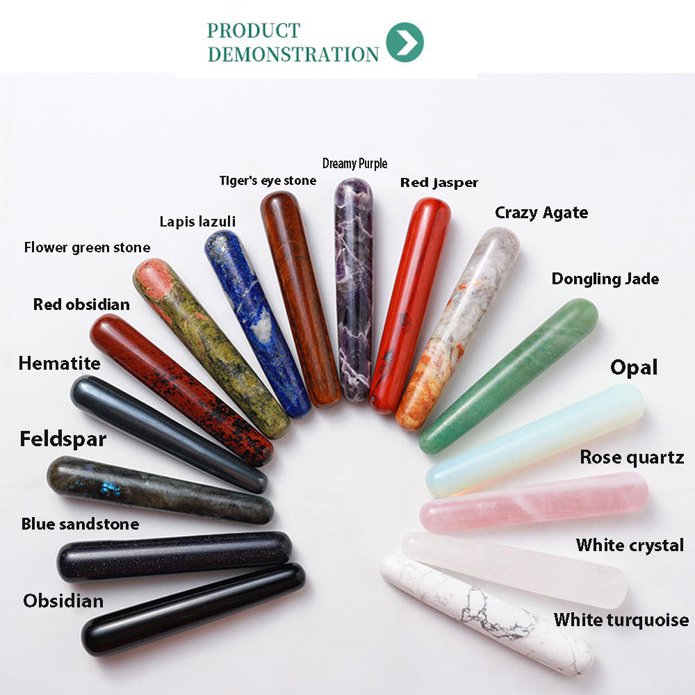 The elegant display of rose crystal massage sticks on the morning dressing table, paired with plant essential oils and crystal cups