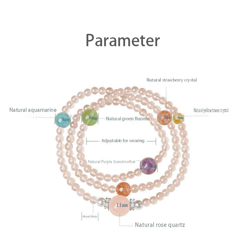 The multi-loop pink crystal bracelet is entwined and displayed. The soft pink color scheme showcases the energy characteristic of attracting love and enhancing popularity