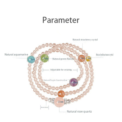 The multi-loop pink crystal bracelet is entwined and displayed. The soft pink color scheme showcases the energy characteristic of attracting love and enhancing popularity