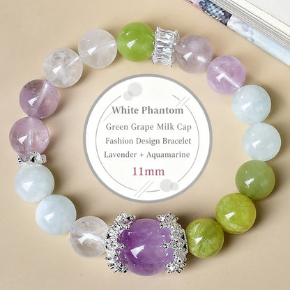 A complete DIY bracelet material set display, including four healing crystals: White Ghost, Green Milk Cap, Aquamarine, and Amethyst