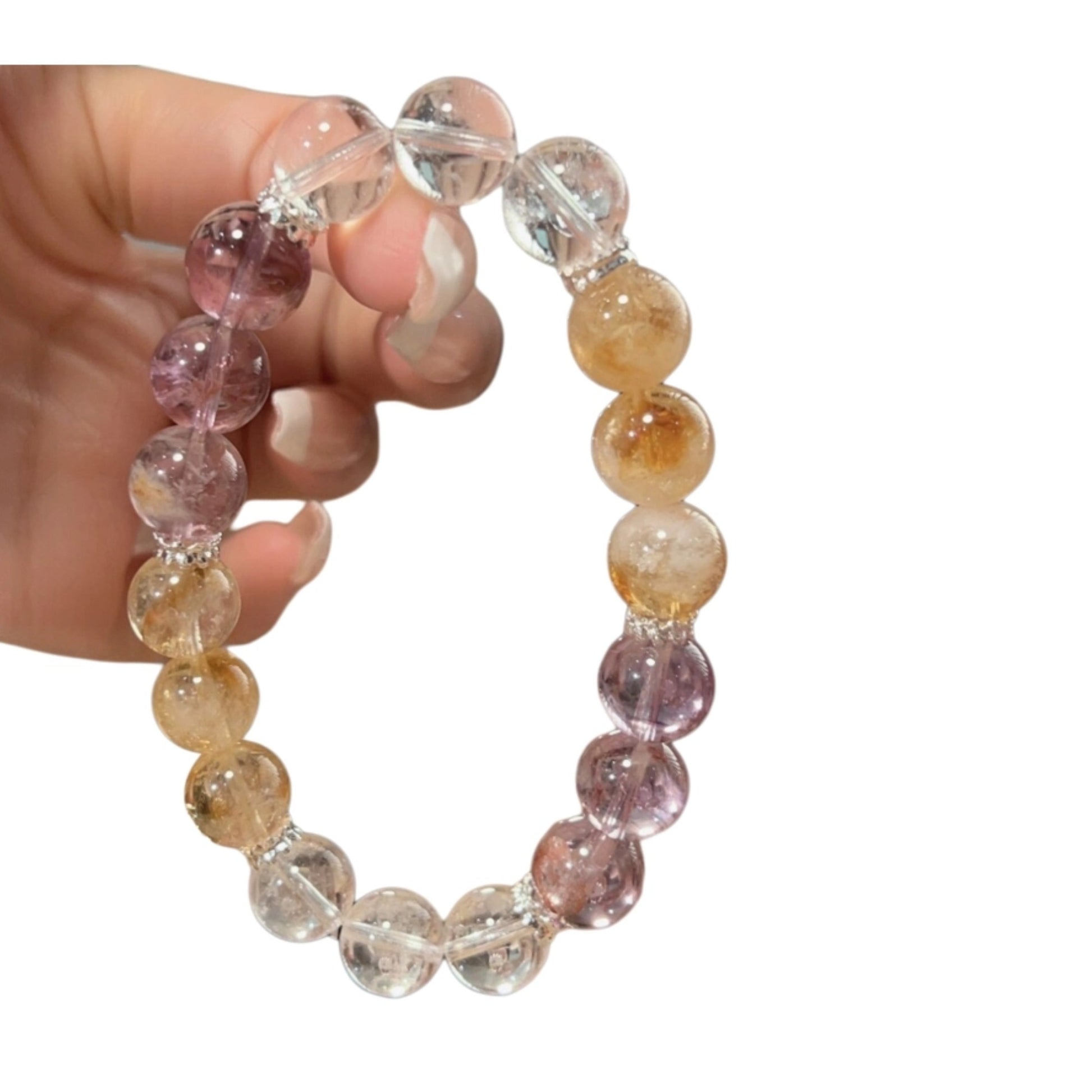 A panoramic view of the original designed three-color crystal bracelet, emphasizing its dual effects of attracting wealth and calming the mind simultaneously.