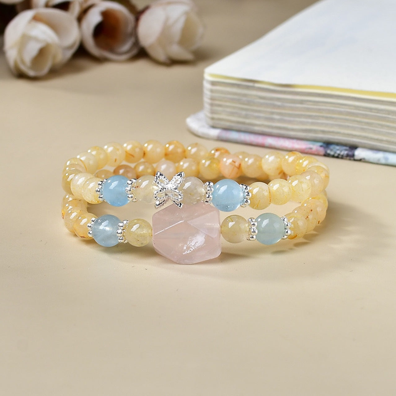 A close-up of the soft and beautiful color of rose crystal, showcasing the energy that attracts love and opens the heart chakra