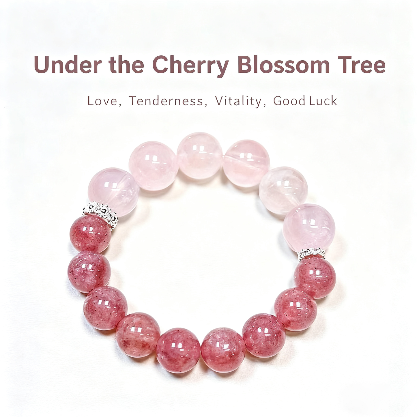 A close-up of an elastic bracelet made of natural rose quartz and strawberry crystal, with a soft pink color scheme, showcases its dual effects of attracting love and good fortune.