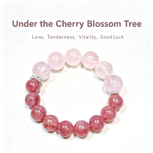 A close-up of an elastic bracelet made of natural rose quartz and strawberry crystal, with a soft pink color scheme, showcases its dual effects of attracting love and good fortune.