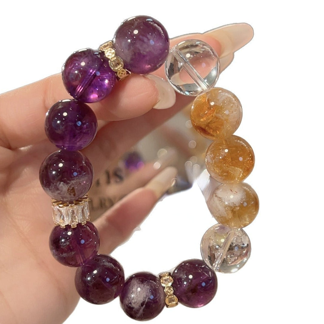 Amethyst yellow tower crystal bracelet, placed in the wealth position as a portable feng shui item, symbolizes attracting wealth and good luck
