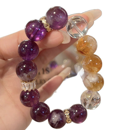 Amethyst yellow tower crystal bracelet, placed in the wealth position as a portable feng shui item, symbolizes attracting wealth and good luck