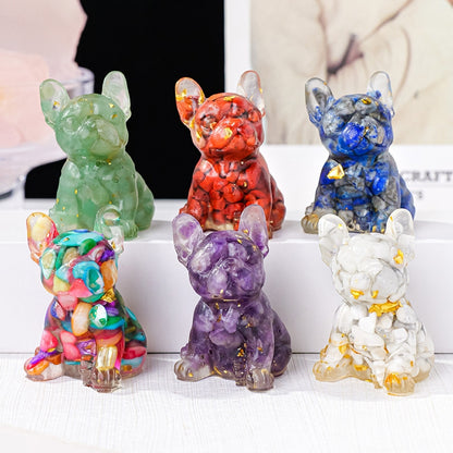 The scene of a crystal puppy figurine accompanying a laptop while working