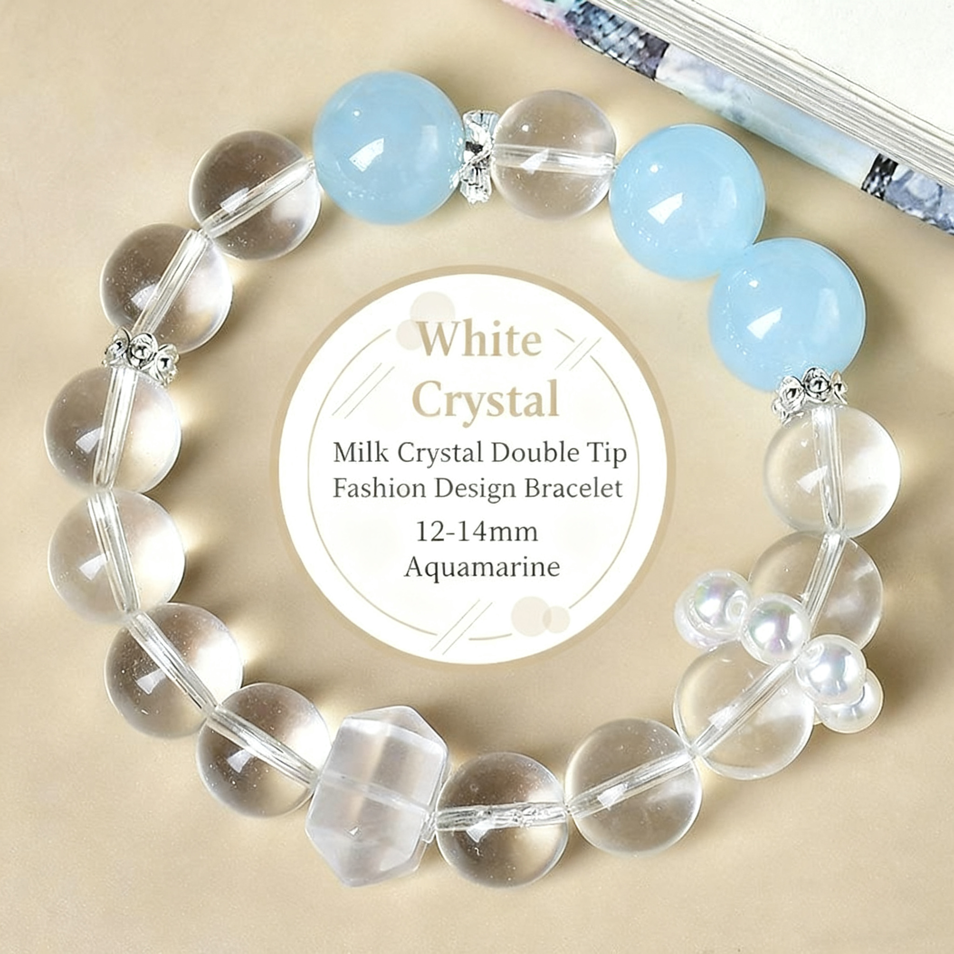 Close-up of the combination of white crystal and aquamarine, showcasing the clear texture and energy purification properties 2. 