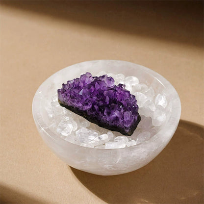 Flat lay composition of the bowl with a tarot card, a candle, and dried flowers for spiritual practice.