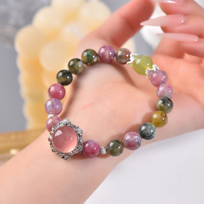 A close-up of the bright red inclusions in strawberry crystal beads, showcasing their energy characteristics that attract love and enhance sweet relationships