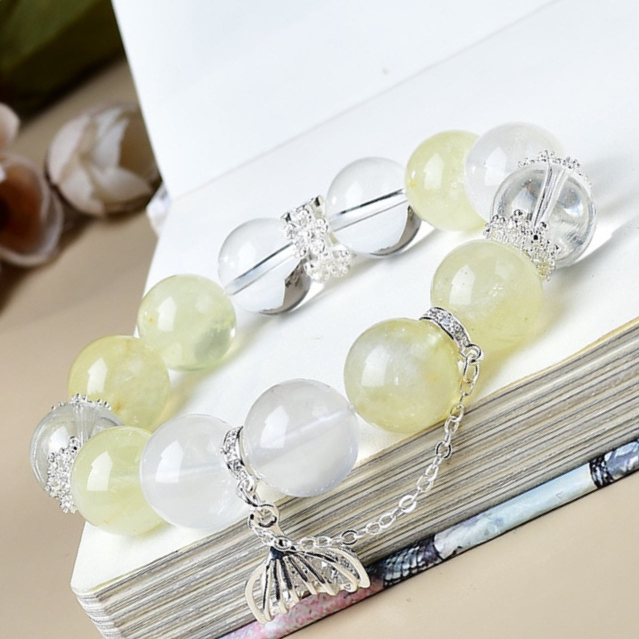 A close-up shot of the milky white crystal showcases its fine texture and soft luster