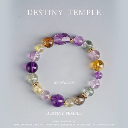 A panoramic display of the three-color energy bracelet featuring black gold Super Seven, amethyst and golden hair crystal showcases a powerful energy matrix