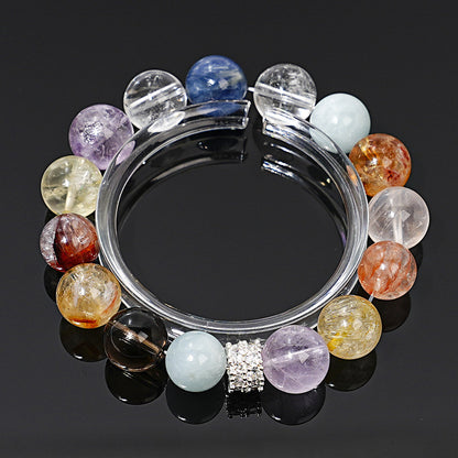 The aquamarine, red gum flower and tea crystal three-color energy bracelets are displayed horizontally, showcasing the perfect color combination and energy integration