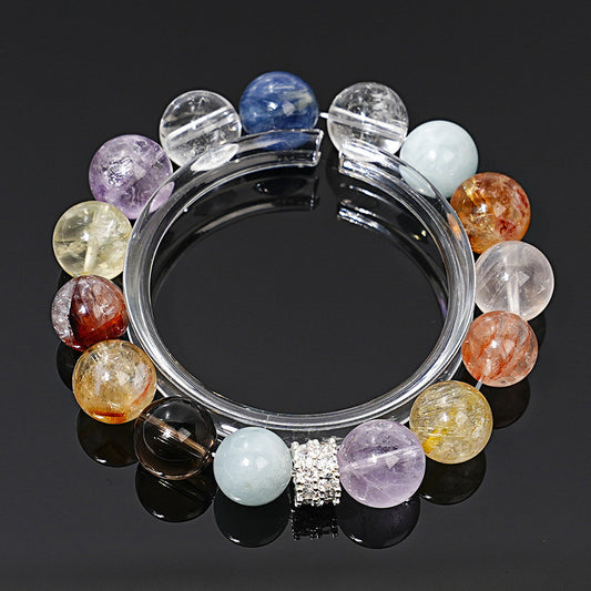 The aquamarine, red gum flower and tea crystal three-color energy bracelets are displayed horizontally, showcasing the perfect color combination and energy integration