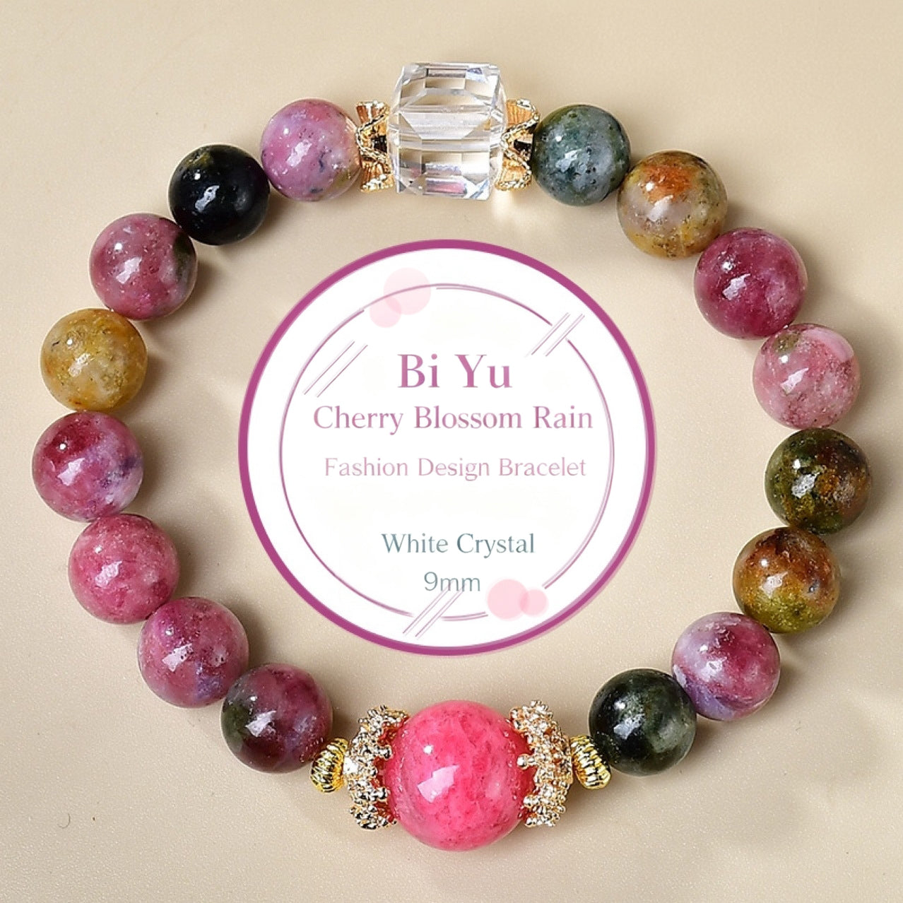 A close-up of tourmaline and cherry blossom accessories showcases the romantic atmosphere and energy field of the cherry blossom rain in spring