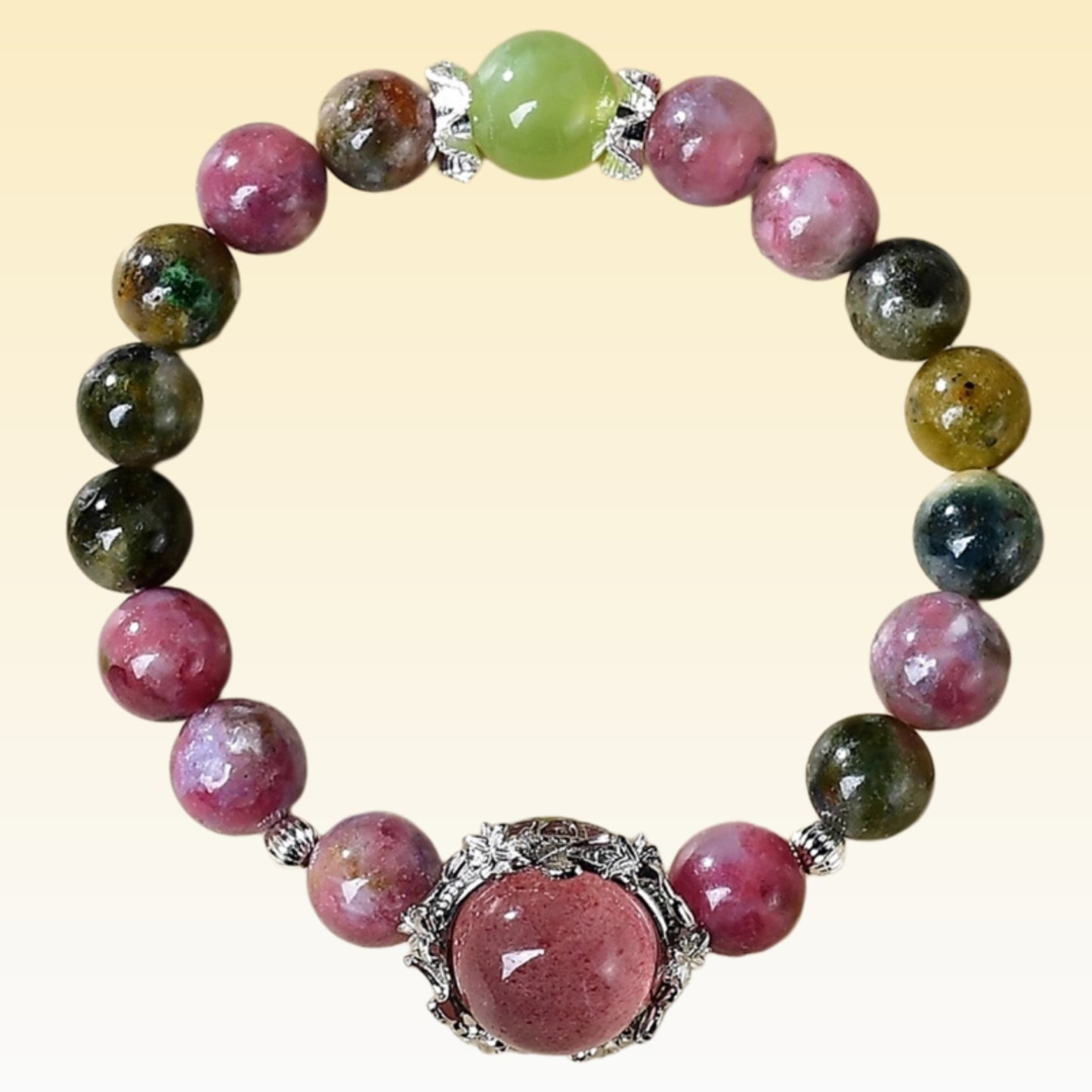 A close-up of the rainbow luster of multi-colored tourmaline beads, showcasing their function of purifying the energy field and providing mental protection