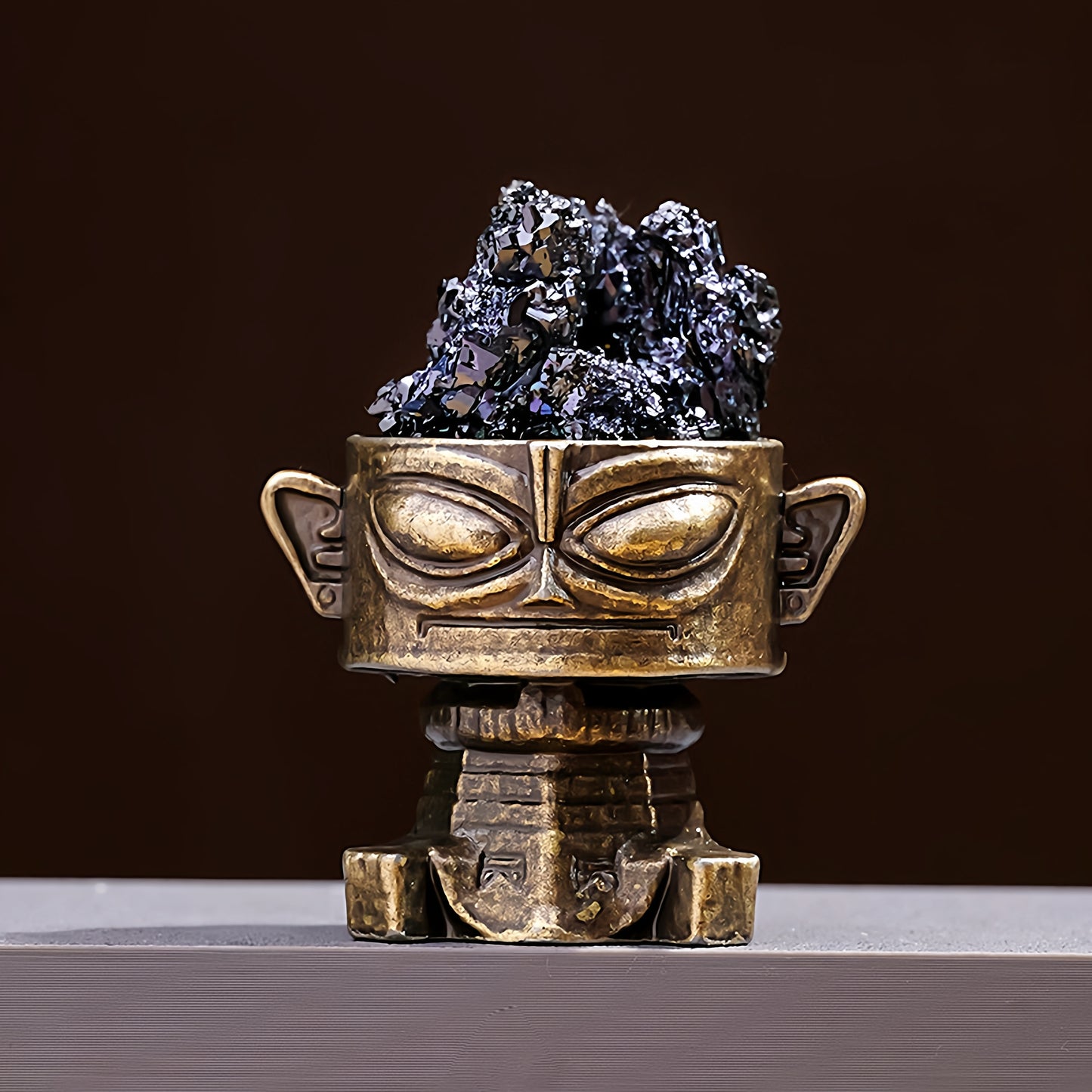 A close-up of the Brazilian citrine cluster shows the crystal inside being transparent and shining with the golden glow of wealth under the light.