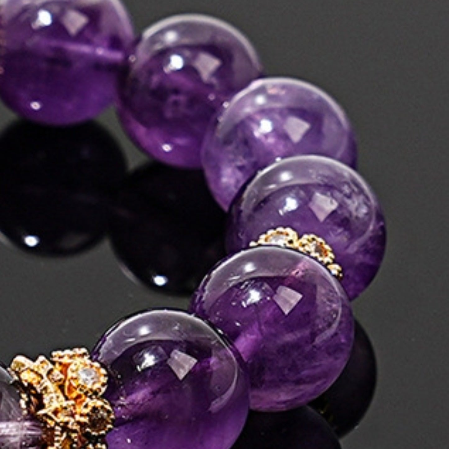 A close-up of the amethyst bracelet, highlighting the energy characteristics that enhance wisdom, intuition and spiritual perception