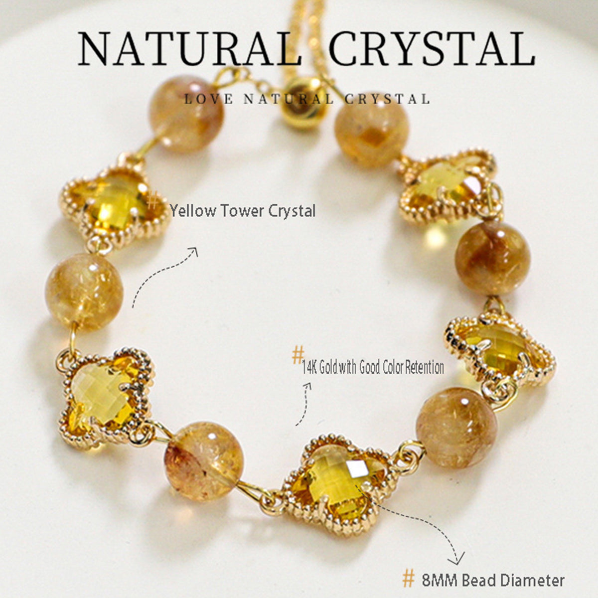 A close-up of the brilliant luster of the yellow tower crystal, highlighting its effects of enhancing confidence and attracting wealth and good fortune