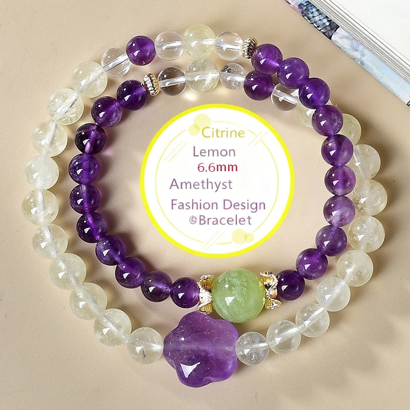 A close-up of the two-color combination of citrine and amethyst showcases the dreamy starry sky of gold and purple