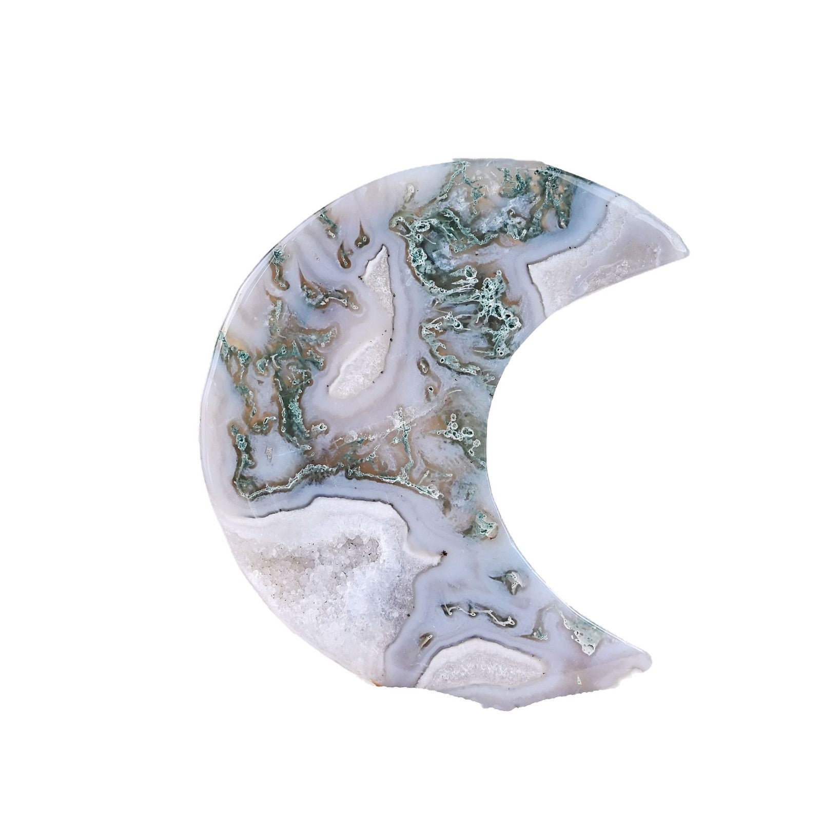 Close up of agate and moonstone crescent carving details