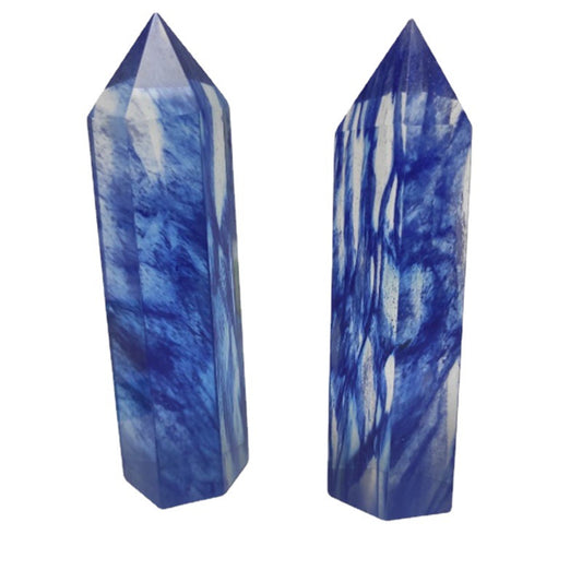 Blue goldstone hexagonal point with sparkling copper particles