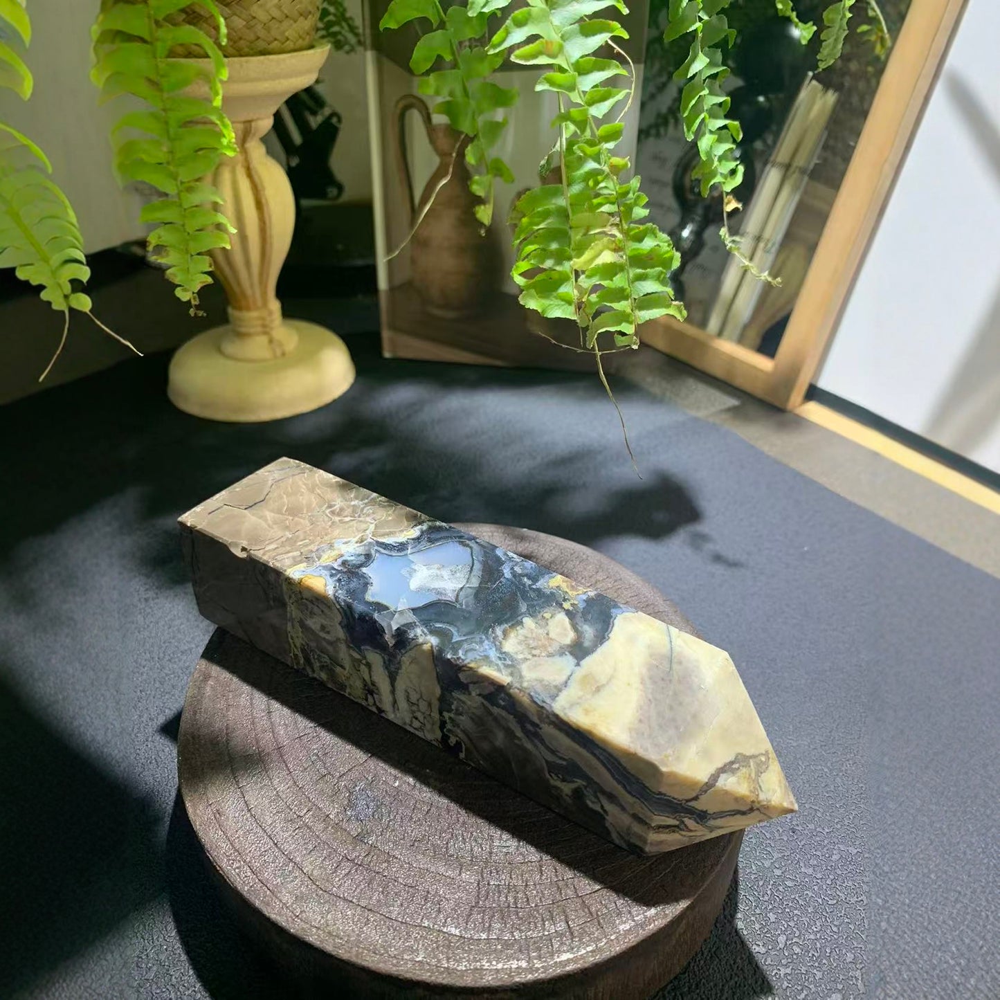 Meditation space anchor with volcanic crystal point