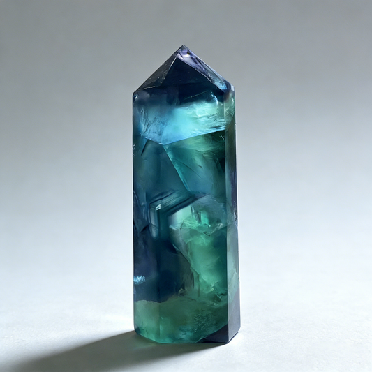 Front view of a polished Natural Blue Fluorite Tower point standing upright.
