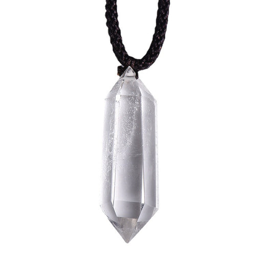  Natural Clear Quartz double terminated point pendant necklace on a silver chain, front view.