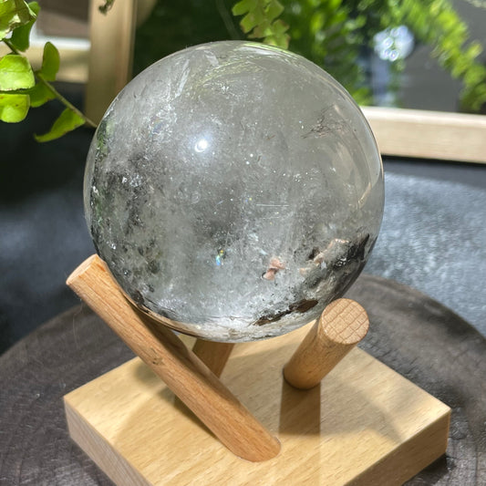  Natural green phantom quartz sphere with moss inclusions for wealth