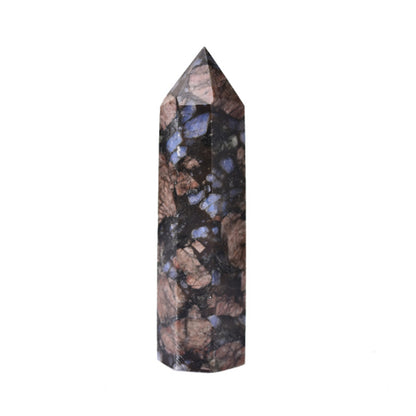 Natural labradorite hexagonal point showing blue labradorescence
